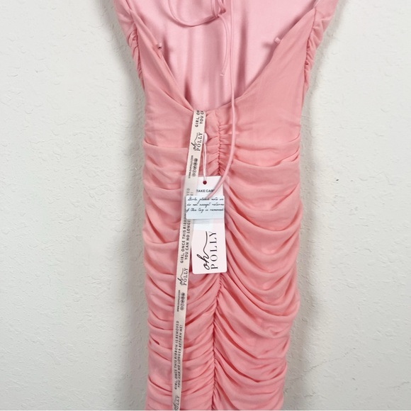 Oh Polly Next Up Ruched Mesh Peach Mini Dress Size 4 - Picture 6 of 6